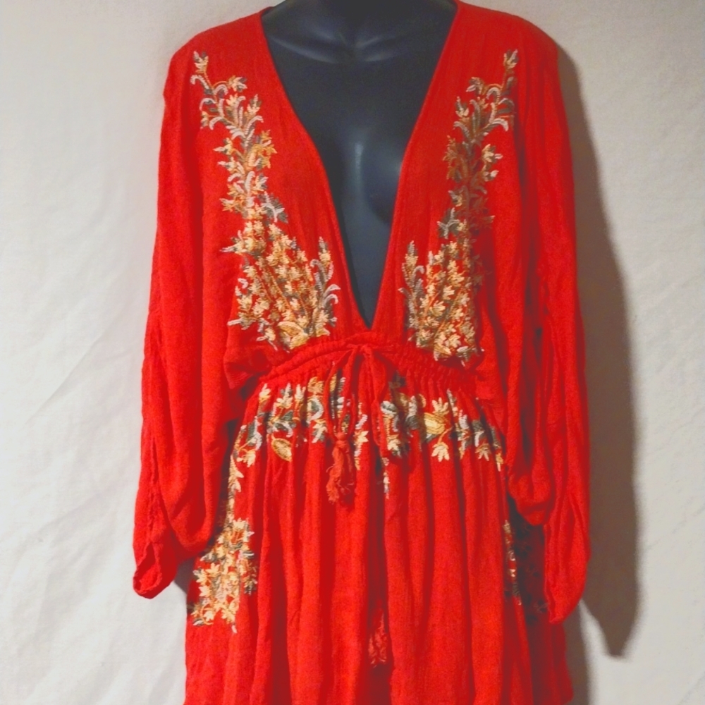 Free People Red Embroidery Medium Dress